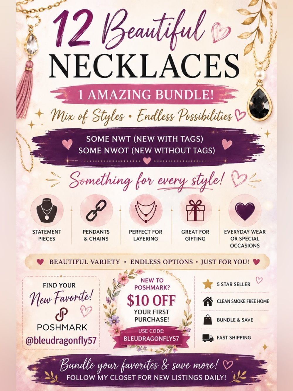 12 Piece Necklace Bundle - Mixed Styles & Colors (Pink, Gold, Black)